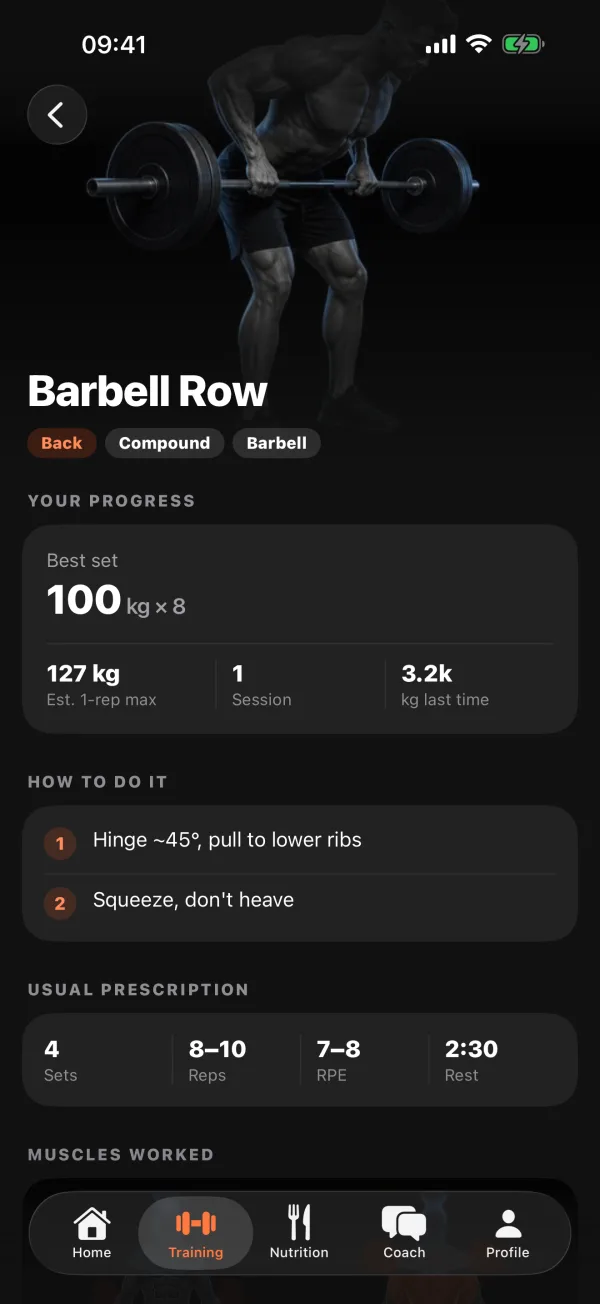 Exercise detail: Barbell Row with best set, estimated 1-rep max and form cues