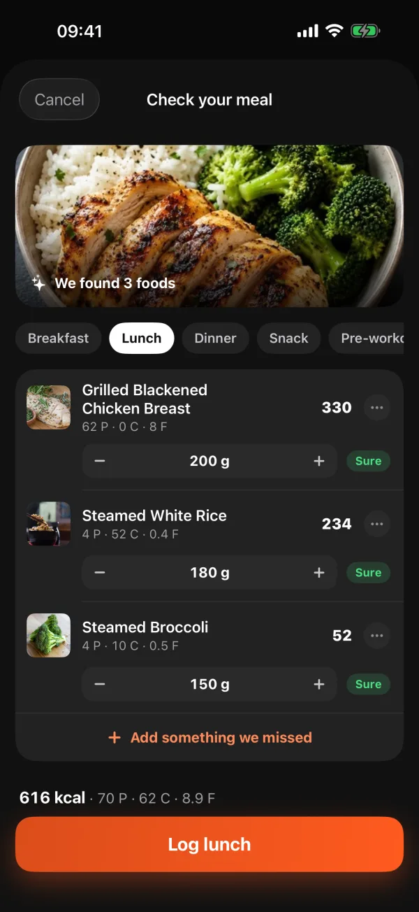 Check your meal: a photo of chicken, rice and broccoli with each food's weight, calories and macros