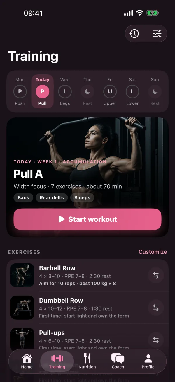 Training tab in the rose theme with women's imagery