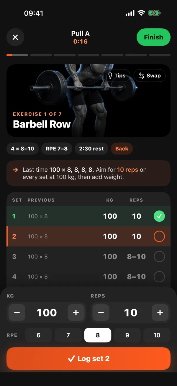 Live workout: Barbell Row, set table with last session's numbers, kg and reps steppers and a Log set button