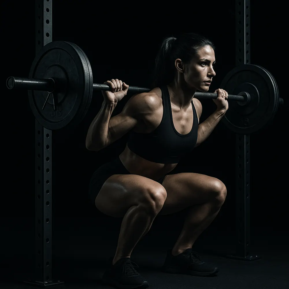 A woman in the squat rack mid-rep
