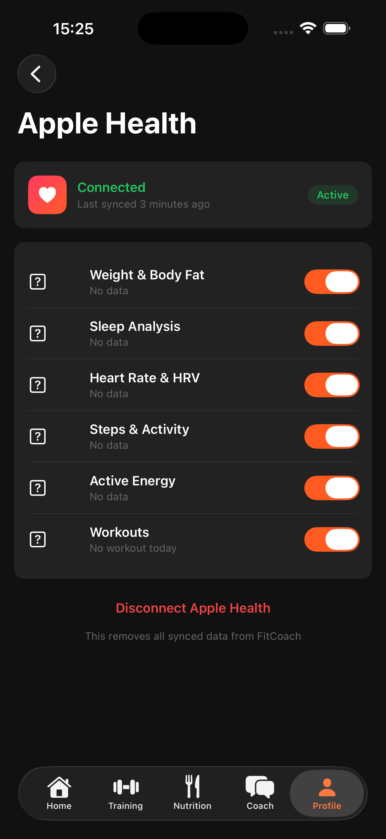 Apple Health integration showing sleep, HRV, resting HR, and steps trends