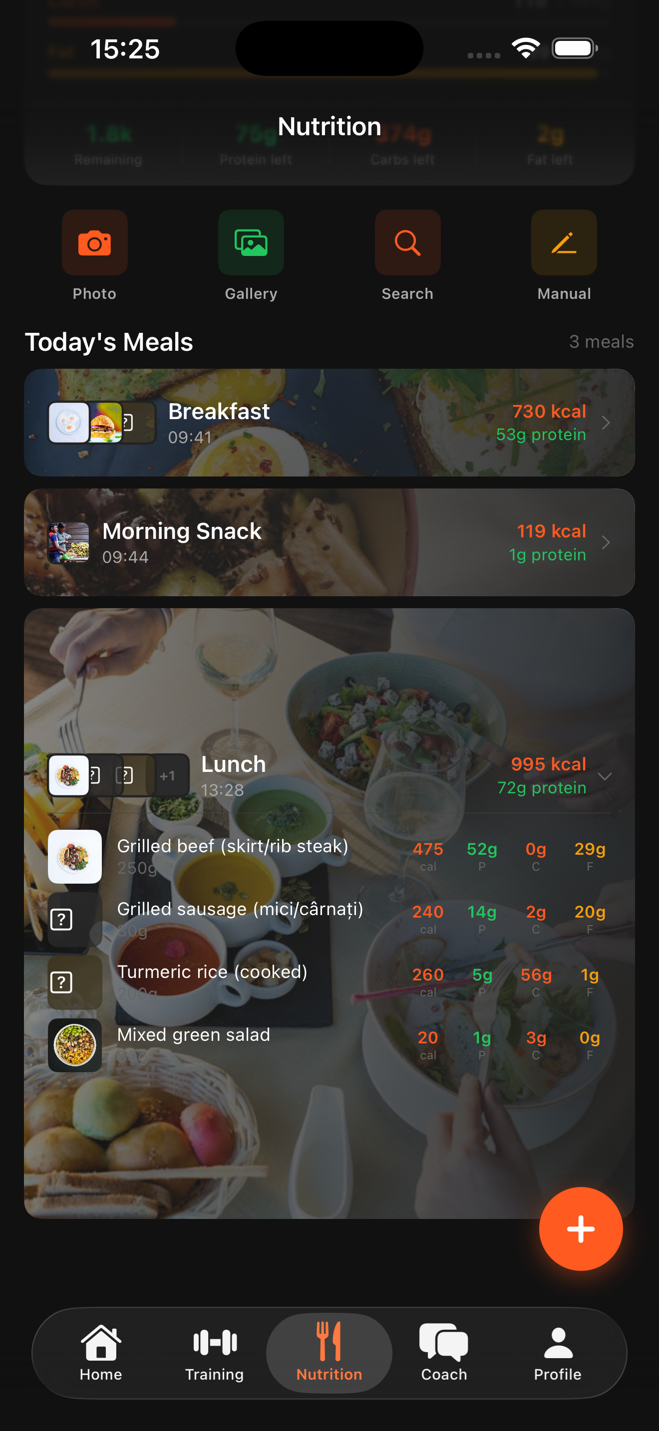 Nutrition tracking with meal photos and macro breakdown