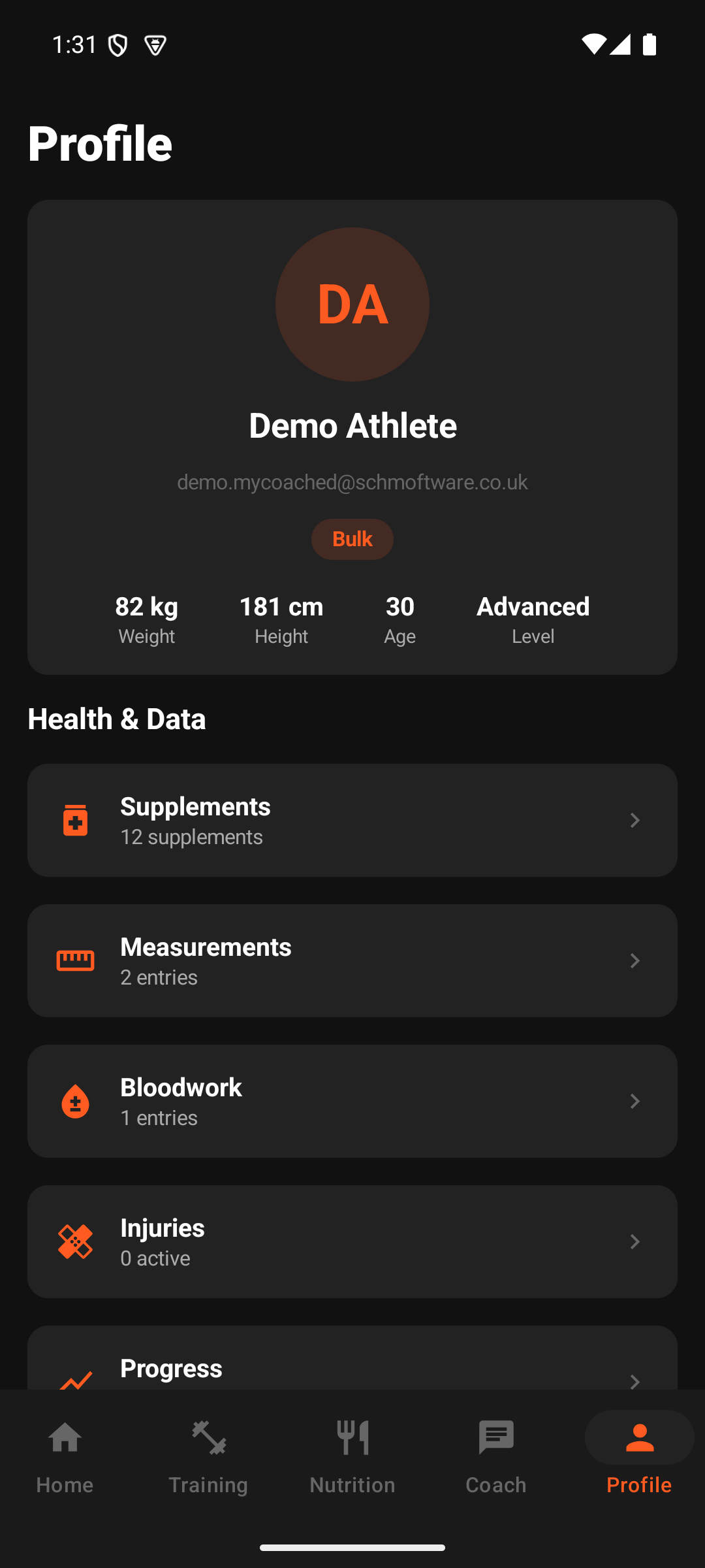Health hub with bloodwork records, body measurements, and supplement stack