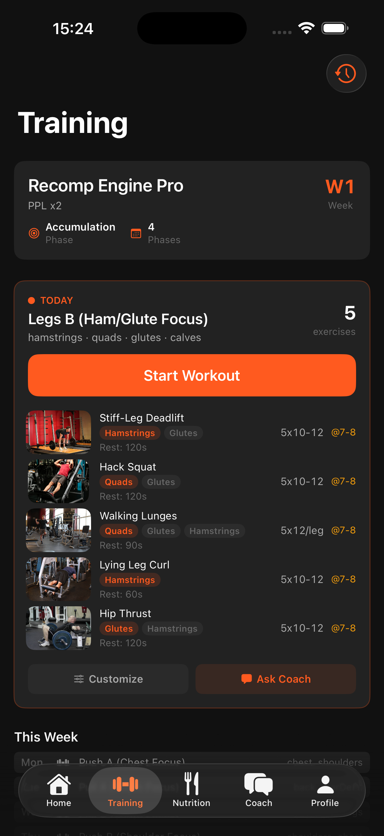 Training plan with exercises, sets, and rep ranges